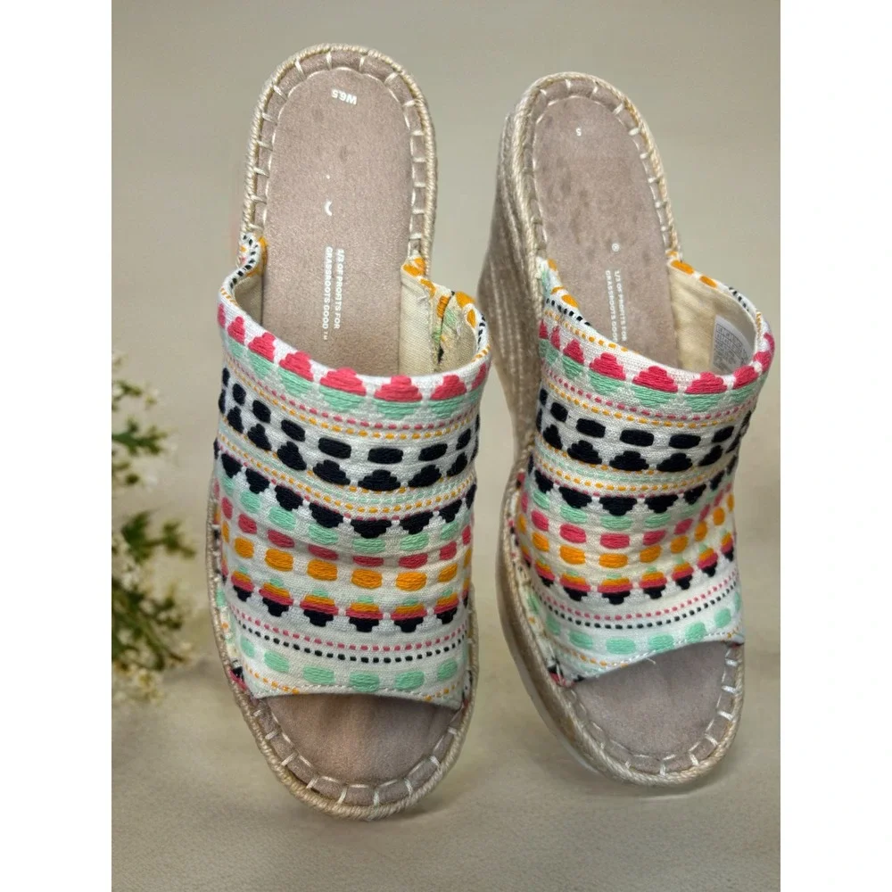 TOMS Monica Wedge Sandals Women 6.5 Multi Color Embroidered Espadrille